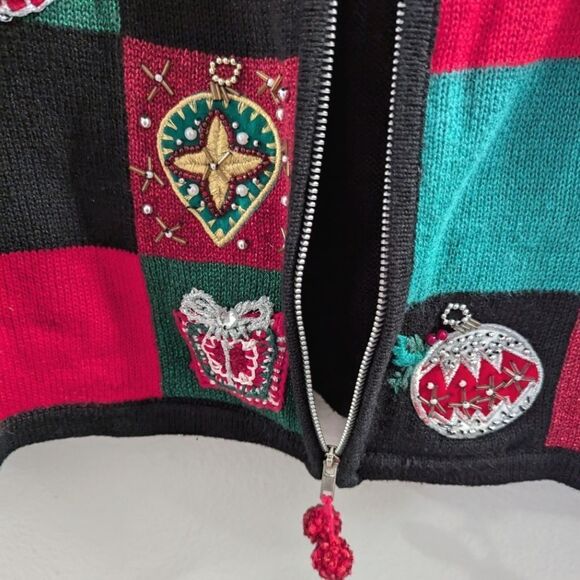 Victoria Jones Vintage 90s Ugly Christmas patchwork 3D beaded sweater cardigan L - Picture 6 of 7